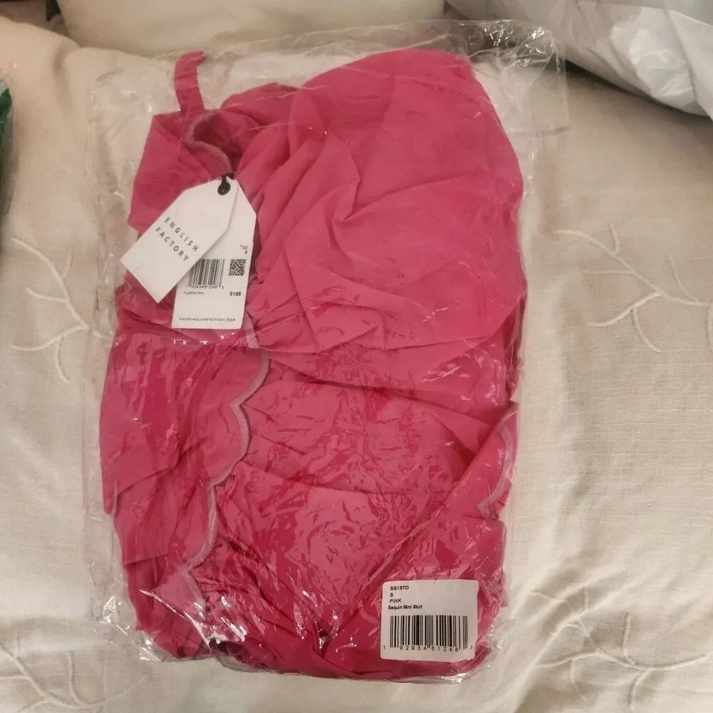 NWT English Factory x Anthropologie Pink Scallop Tiered Dress Puff Sleeve Small - Picture 5 of 5